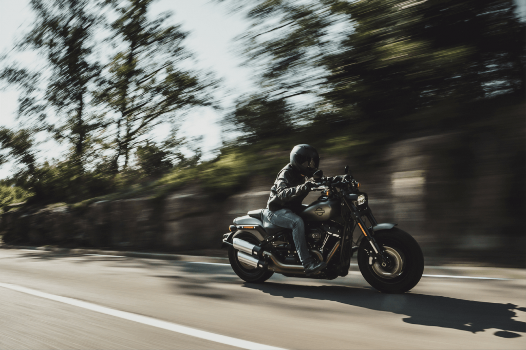 A rider on a motorcycle accelerates along a tree-lined road